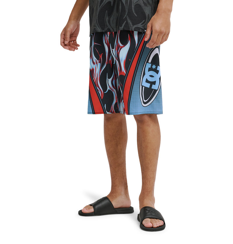 A person wearing Reebok Sylem 21 black sandals and colorful shorts with a black, white, and red flame design and large DC Shoes logo stands against a white background. Only the upper body is partially visible.