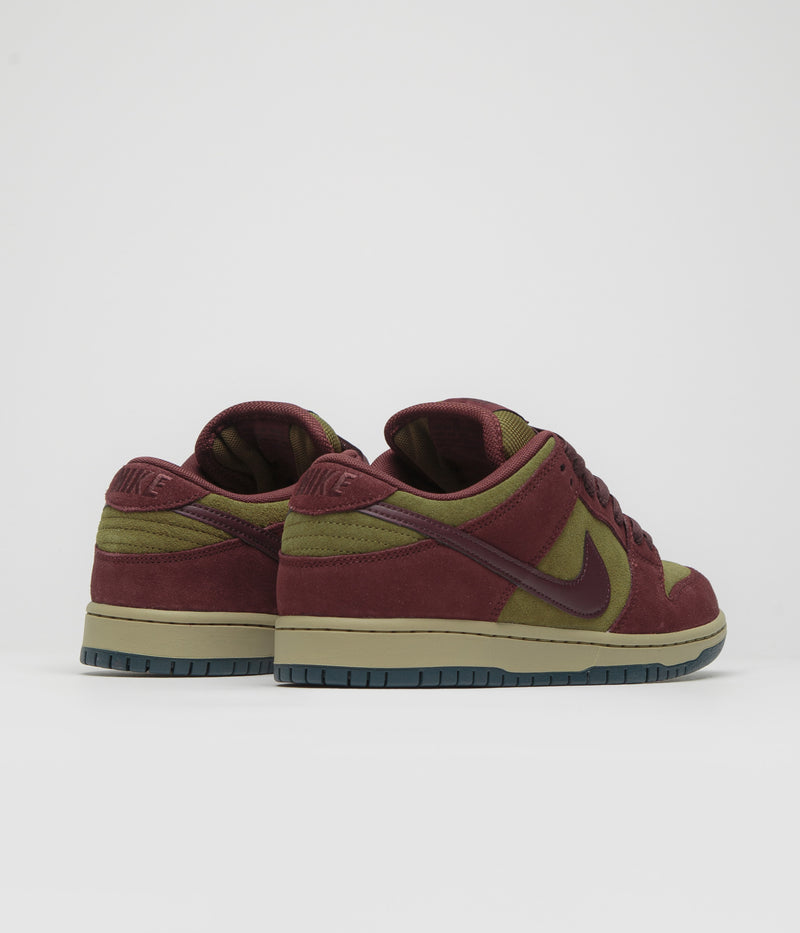 Nike SB Dunk Low Pro Shoes in Dark Team Red and Burgundy Crush and Olive Flak