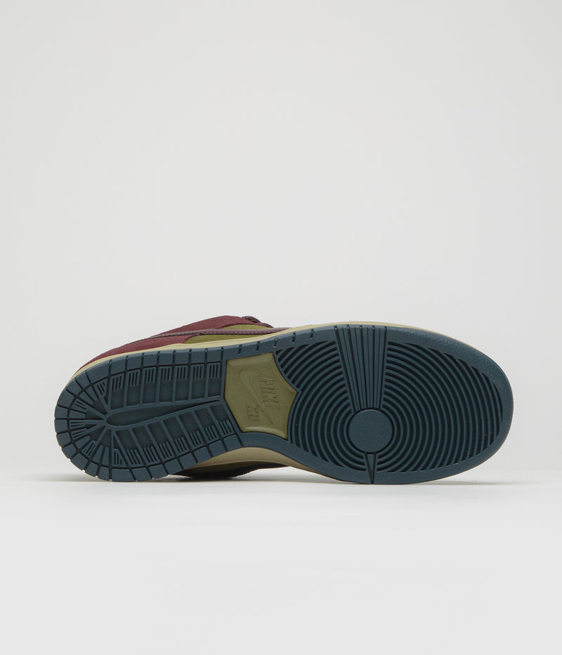 Nike SB Dunk Low Pro Shoes in Dark Team Red and Burgundy Crush and Olive Flak