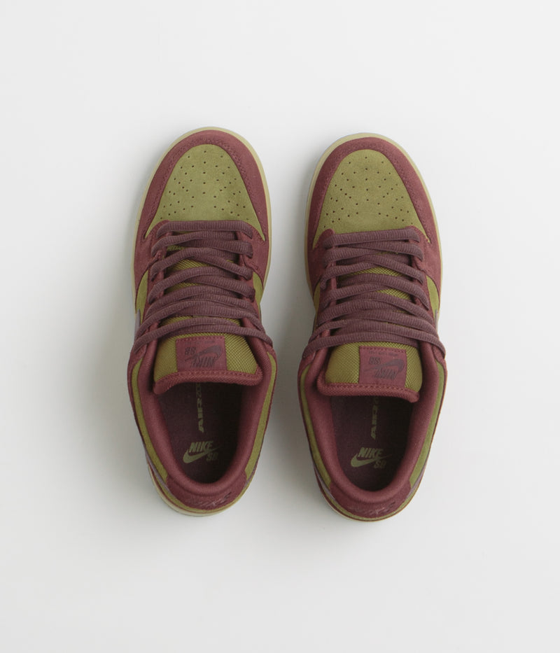 Nike SB Dunk Low Pro Shoes in Dark Team Red and Burgundy Crush and Olive Flak