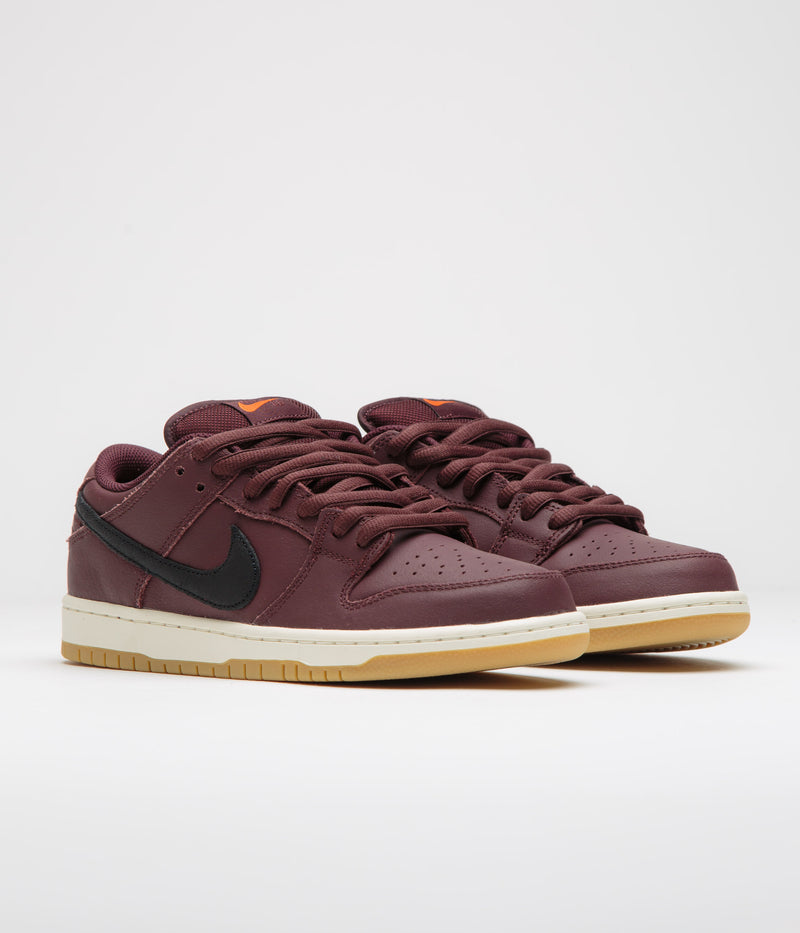 Nike SB Orange Label Dunk Low Pro Shoes in Burgundy Crush and Black and Mystic Dates - Sail