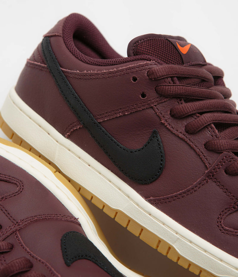 Nike SB Orange Label Dunk Low Pro Shoes in Burgundy Crush and Black and Mystic Dates - Sail