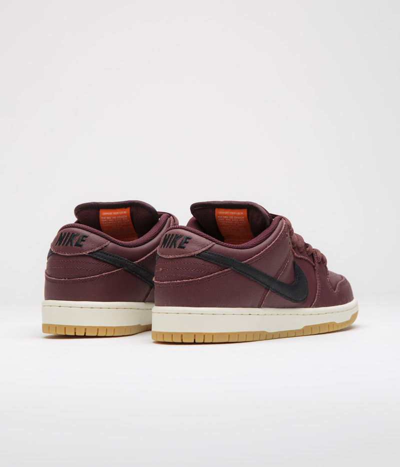 Nike SB Orange Label Dunk Low Pro Shoes in Burgundy Crush and Black and Mystic Dates - Sail