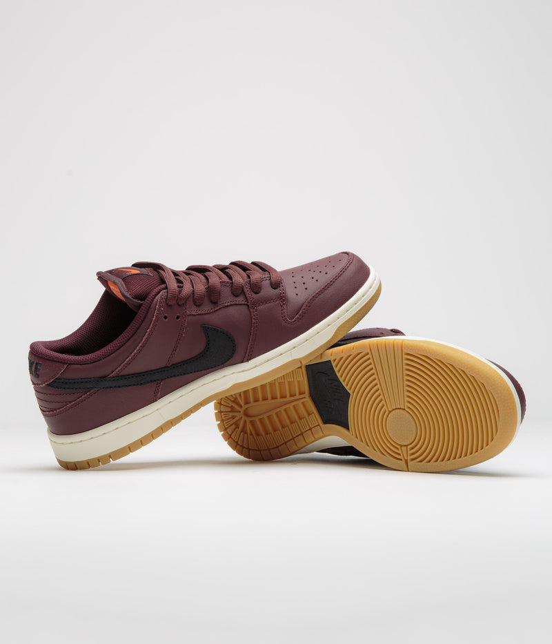 Nike SB Orange Label Dunk Low Pro Shoes in Burgundy Crush and Black and Mystic Dates - Sail