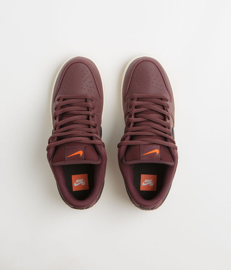 Nike SB Orange Label Dunk Low Pro Shoes in Burgundy Crush and Black and Mystic Dates - Sail