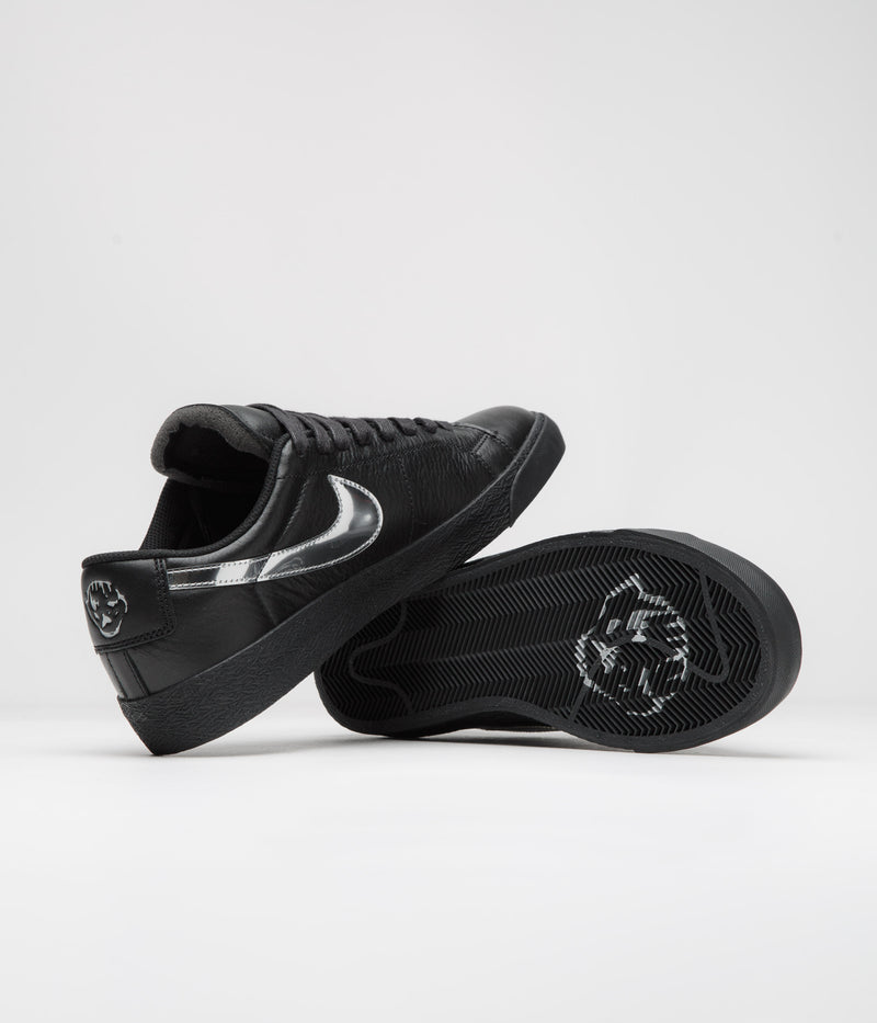 Nike SB x Dancer Skateboards Blazer Low Shoes in Black and Metallic Silver / Black