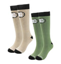 The DC Shoes Performance Socks 2-Pack includes beige and green knee-high socks, each with black toes, heels, cuffs, and a black-and-white star logo on the upper sides.