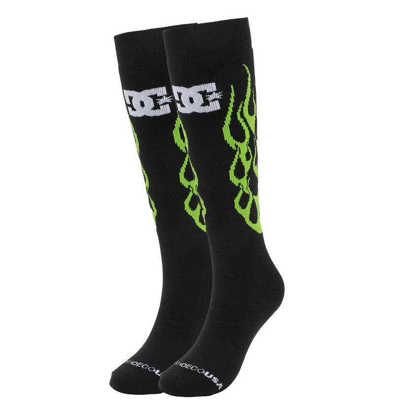 The DC Shoes Performance Socks 2-Pack includes black knee-high socks with bright green flames, a bold white DC logo near the top, and small white text on the toe.