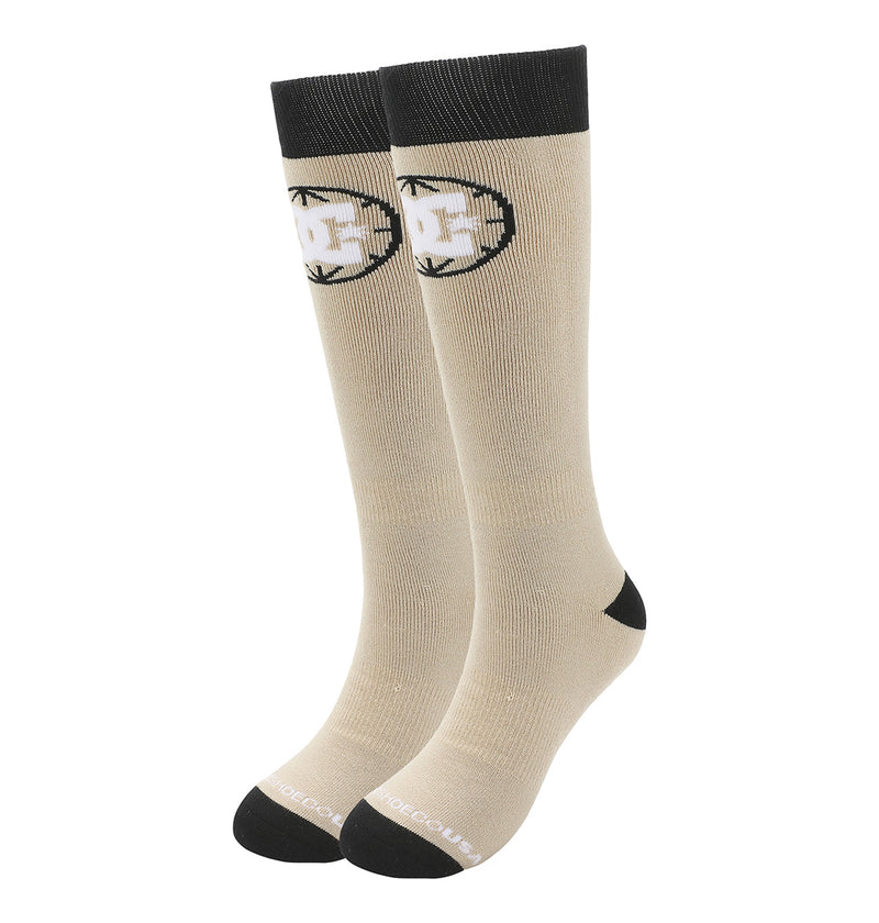 DC Shoes Performance Socks 2-Pack: Beige knee-high socks with black toes, heels, and cuffs, featuring a black and white circular logo near the top and white text on the toes.