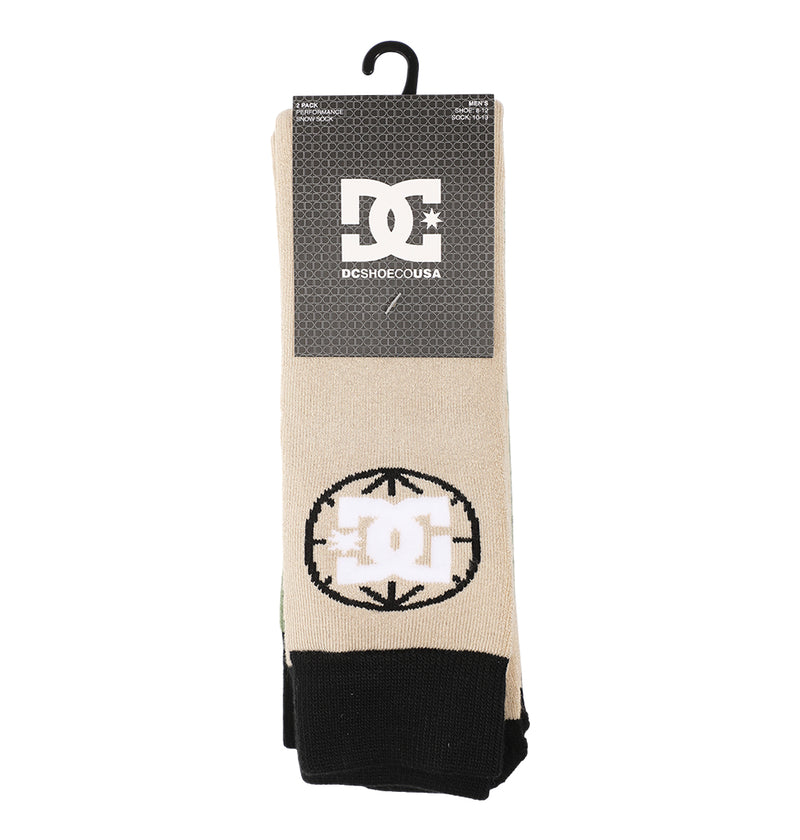 The DC Shoes Performance Socks 2-Pack features beige and black socks with the DC logo and circular arrow design, presented in packaging with a black cardboard hanger.