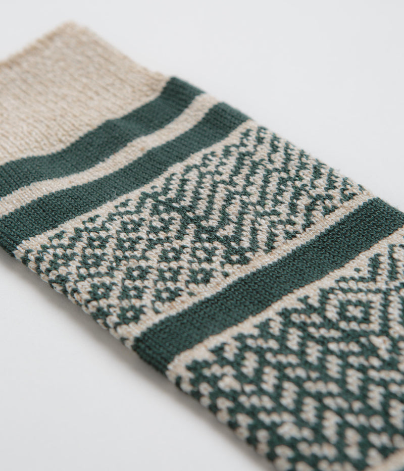 RoToTo Multi Jacquard Socks in Ivory and Dark Green