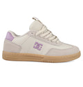 The Women's Astrix Shoes by DC Shoes feature a cream and beige design, gum sole, light purple accents on the logo, heel, and tongue, plus cream laces—crafted for board control in street skateboarding sessions.