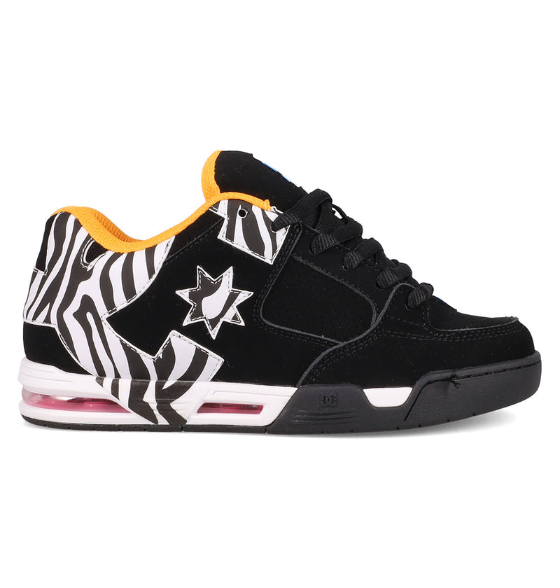 The Women's DC Command Shoes by DC Shoes feature black uppers with white zebra print accents, a white star on the side, orange inner lining, and a pink air cushion sole for bold, skate-inspired street style.