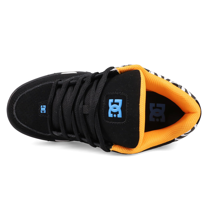 Top view of the Women's DC Command Shoes by DC Shoes, featuring black uppers and laces, a blue logo on the tongue, orange lining, and striped black-and-white heel detail—blending skate heritage with street style.