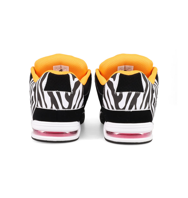 The Women's DC Command Shoes by DC Shoes showcase a bold black and white zebra print, orange inner lining, pink air cushions in the soles, and a streetwise design inspired by skateboarding heritage.