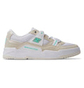 The Women's Construct Shoes by DC Shoes are low-top sneakers for women in white and beige with teal accents. They feature mesh, suede, and leather panels, perforated details, DCSHOECOUSA branding, and a textured off-white sole.