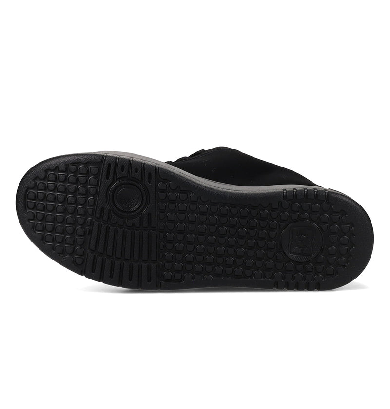 The image displays the bottom view of a Women's Court Graffik Platform Shoe by DC Shoes, featuring a black textured rubber sole with circular, rectangular, and square patterns for enhanced grip and flexibility.