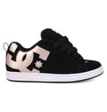 The Women's Court Graffik Shoes by DC Shoes feature a puffy silhouette, large metallic rose gold DC logo with star detail, black laces, and a white rubber sole in a low-top design.