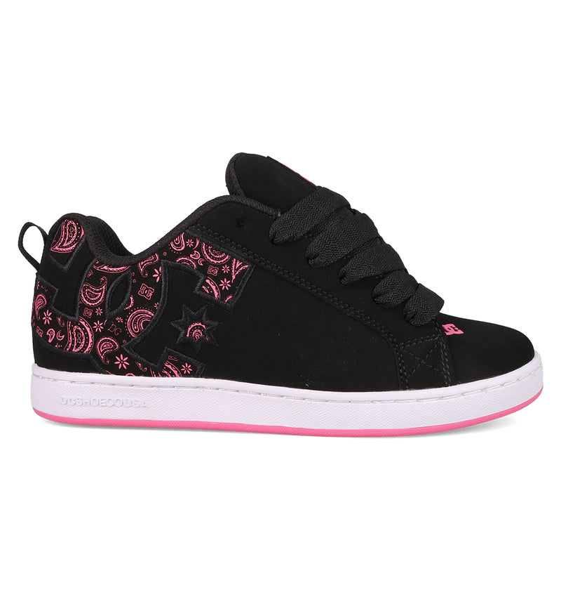 The DC Shoes Women's Court Graffik features a black puffy silhouette, pink paisley and celestial designs on the heel and side, thick black laces, a white sole with pink accents, and a bold DC logo.