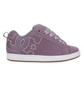 The Women’s Court Graffik Shoes by DC Shoes feature a mauve upper, shiny mauve laces, a large side logo, and a chunky white sole for signature ‘90s style—shown here in profile against a white background.