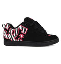 The DC Shoes Women's Court Graffik Shoes are black skate shoes with a puffy silhouette, black laces, a bold zebra stripe pattern, and pink DC logo and accents on the tongue and heel.