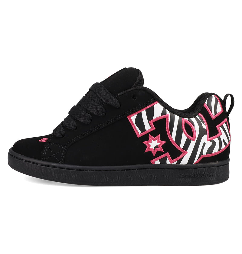 The Women's Court Graffik Shoes by DC Shoes feature a puffy black silhouette, thick laces, pink DC logo, bold white and black zebra stripes on the sides and heel, plus a black sole—true to the iconic Court Graffik style.