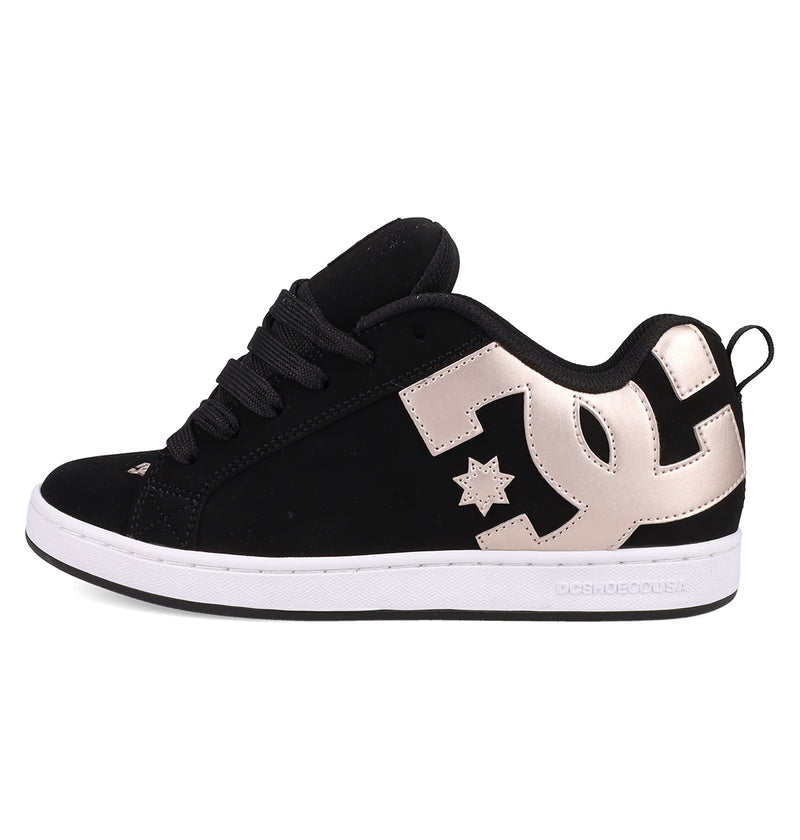 The Women's Court Graffik Shoes by DC Shoes feature a puffy black silhouette, thick white sole, black laces, and a bold metallic gold DC logo with two stars—delivering the iconic skate-inspired style.