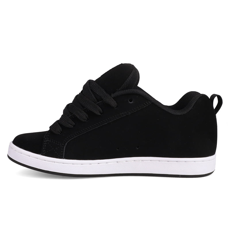 The Women's Court Graffik Shoes by DC Shoes are black sneakers with a puffy silhouette, black laces, a low profile, and a white rubber sole, shown in side view against a white background.