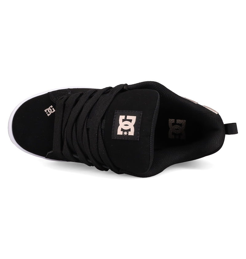 Top view of the Women's Court Graffik Shoes by DC Shoes in black, featuring a puffy silhouette, white DC logo on the tongue and insole, black laces, low-top design, and a white sole edge at the front.