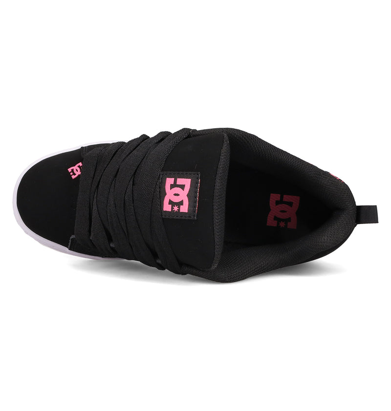 Top view of the Women's Court Graffik Shoes by DC Shoes featuring a classic puffy silhouette, black laces, and pink DC logos on the tongue and inner sole. Includes a padded collar and heel pull tab.