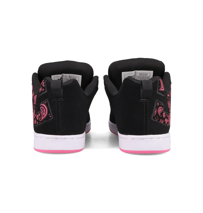 Women's Court Graffik Shoes by DC Shoes in black, featuring pink and white accents. The classic puffy silhouette has a pink paisley heel pattern and a white sole with a pink stripe near the bottom, shown from the back.
