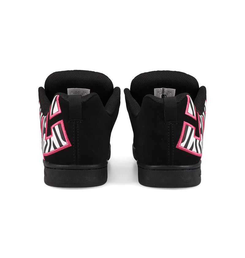 The Women's Court Graffik Shoes by DC Shoes feature a puffy black silhouette with bold white, pink, and red geometric heel patterns, padded collars, black midsoles, and the signature DC logo detail.