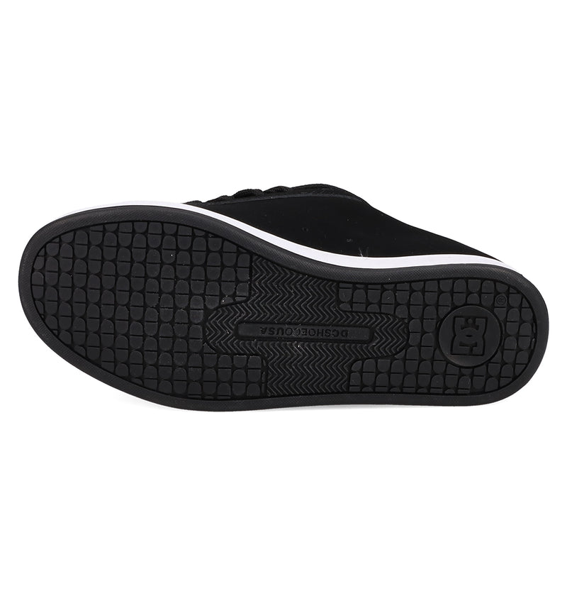 The image displays the black rubber sole of Women's Court Graffik Shoes by DC Shoes, featuring a textured tread and central DC SHOE CO USA branding, embodying the bold style and puffy silhouette signature to DC Shoes.