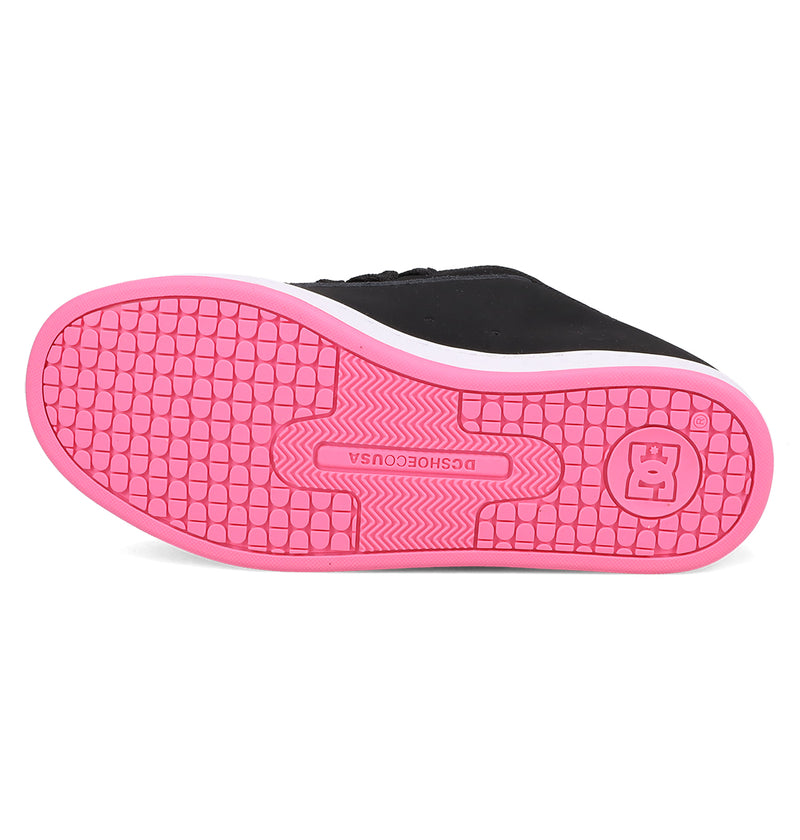 A black Women's Court Graffik Shoe by DC Shoes shown from the bottom, with a textured light pink hexagonal sole, DESHOECOUSA text, a small robot icon in the center, inspired by classic Court Graffik puffy silhouettes.