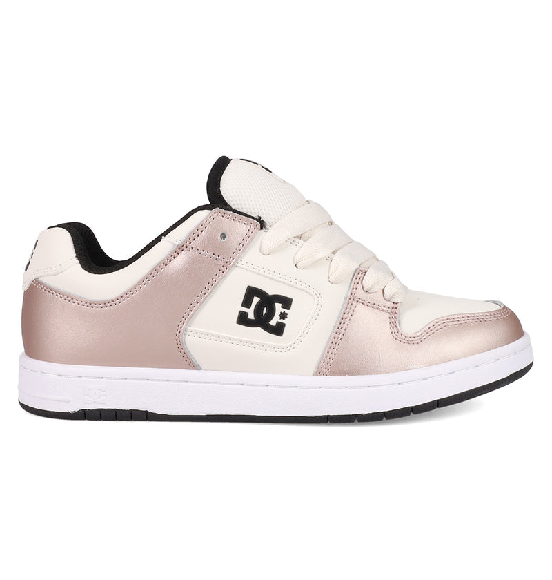 The Women's Manteca 4 Shoes by DC Shoes feature a stylish low-top design in light pink and white with black details, the DC Shoes logo on the side, white laces, cushioned collar, and a white sole with a black outsole.