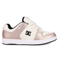 The Women's Manteca 4 Shoes by DC Shoes feature a stylish low-top design in light pink and white with black details, the DC Shoes logo on the side, white laces, cushioned collar, and a white sole with a black outsole.