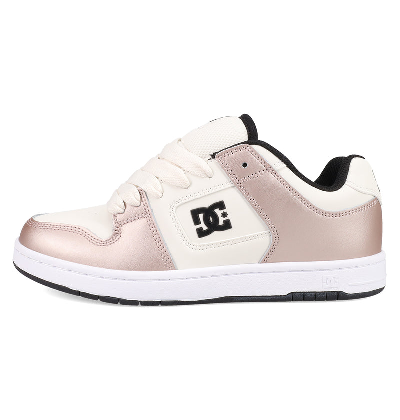 The DC Shoes Women's Manteca 4 Shoes feature cream and metallic rose gold accents, a white sole, black collar, and signature black DC logo—perfect for stylish women’s sneaker lovers.