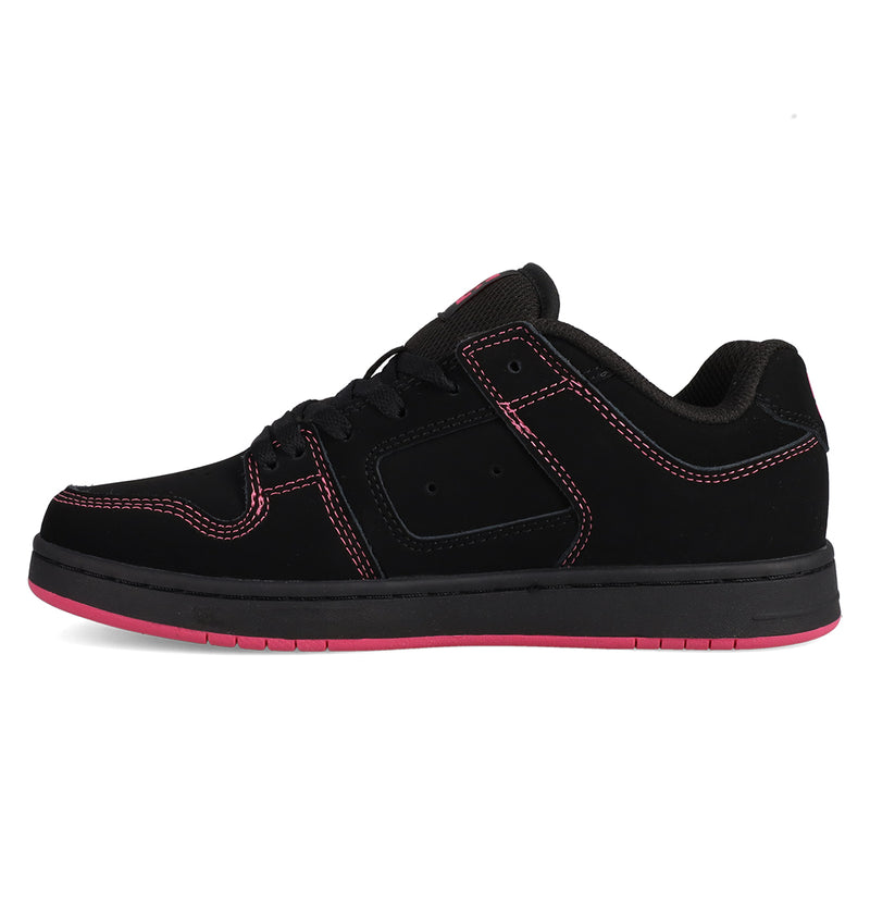 The DC Shoes Women's Manteca 4 features black material with pink stitching and a pink-accented sole, displayed in a side profile against a white background.