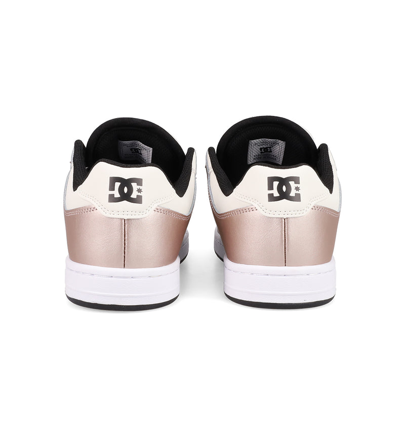 The Women's Manteca 4 Shoes by DC Shoes feature a metallic rose gold heel, white upper, black interior, and white sole—making these stylish sneakers perfect for upgrading your look.