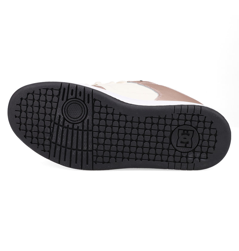 The image shows the black rubber sole of DC Shoes Women's Manteca 4 Shoes, featuring a textured pattern, circular tread at the toe, and the DC Shoes logo near the heel on a white background.