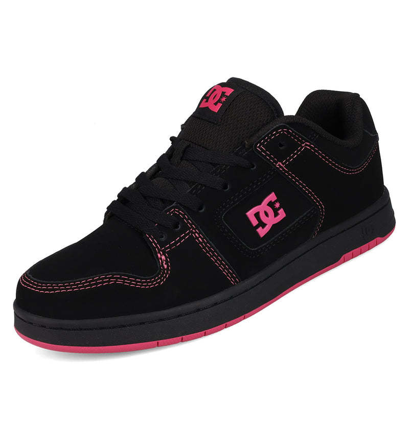 The Women's Manteca 4 Shoes by DC Shoes are black skate shoes with pink stitching, logo, and sole trim, shown from a side angle on a white background.
